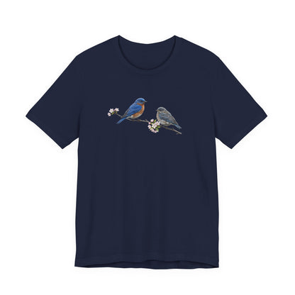 Eastern Bluebird & Fledgling T-Shirt | Spring Blossoms Unisex Graphic Tee