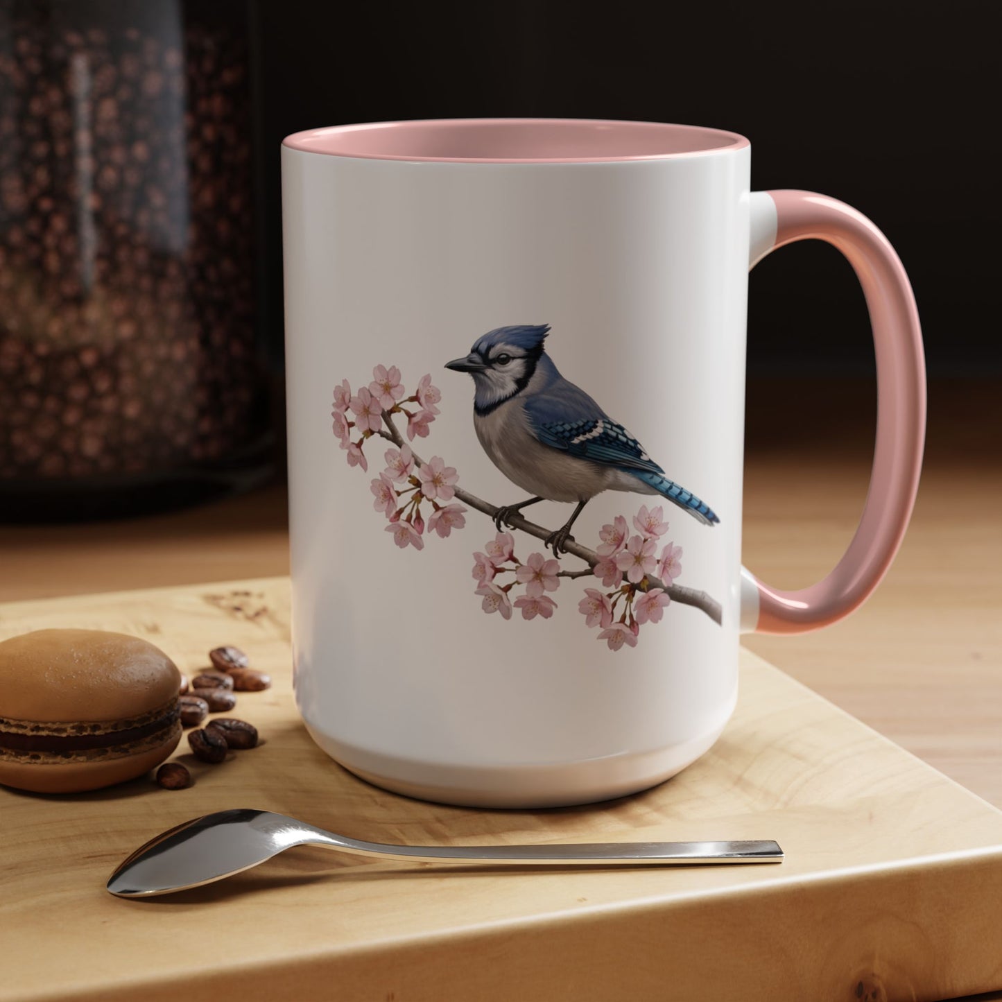 Blue Jay Cherry Blossom Mug | Pink Ceramic Coffee Cup for Bird Lovers