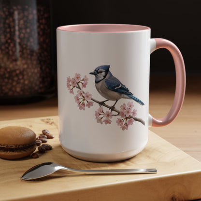 Blue Jay Cherry Blossom Mug | Pink Ceramic Coffee Cup for Bird Lovers