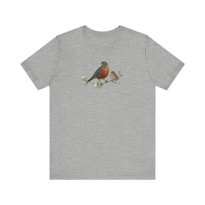 American Robin & Fledgling T-Shirt | Spring Blossoms Unisex Graphic Tee