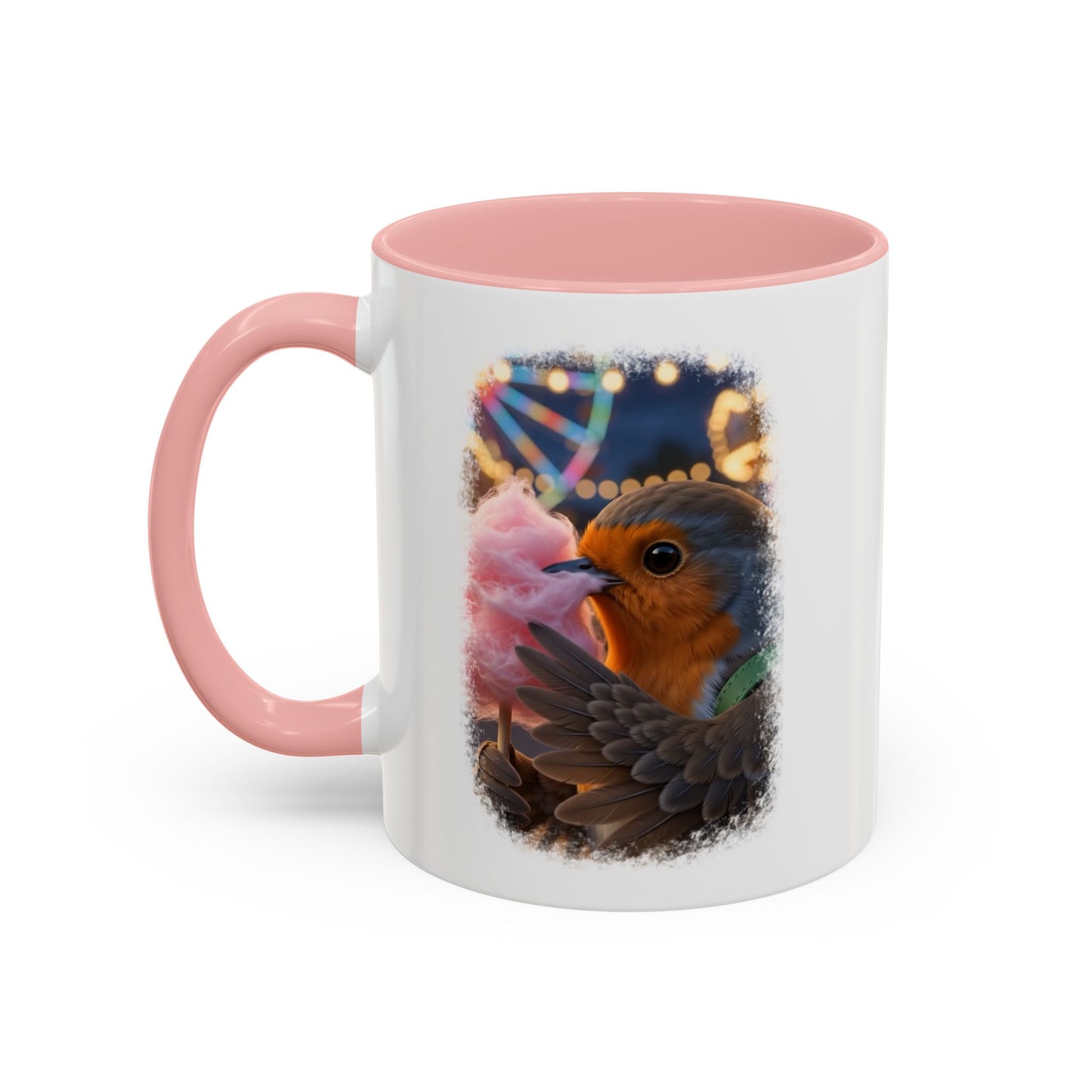 Rosi Rotkehlchen mit Zuckerwatte Keramiktasse – Kaffeebecher mit farbigem Henkel
