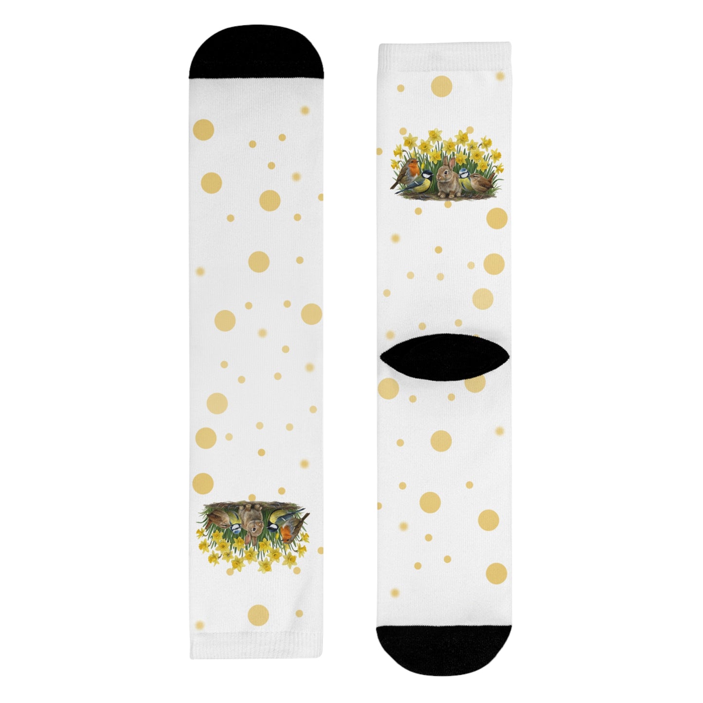 Vogel-Socken mit Osterglocken – Kaninchen, Rotkehlchen, Meisen & Zaunkönig