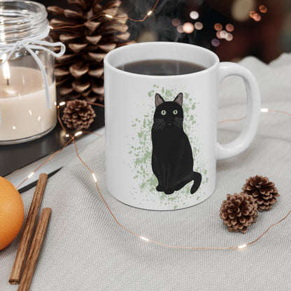 Black Cat with Green Eyes Cat Lover Ceramic Mug White