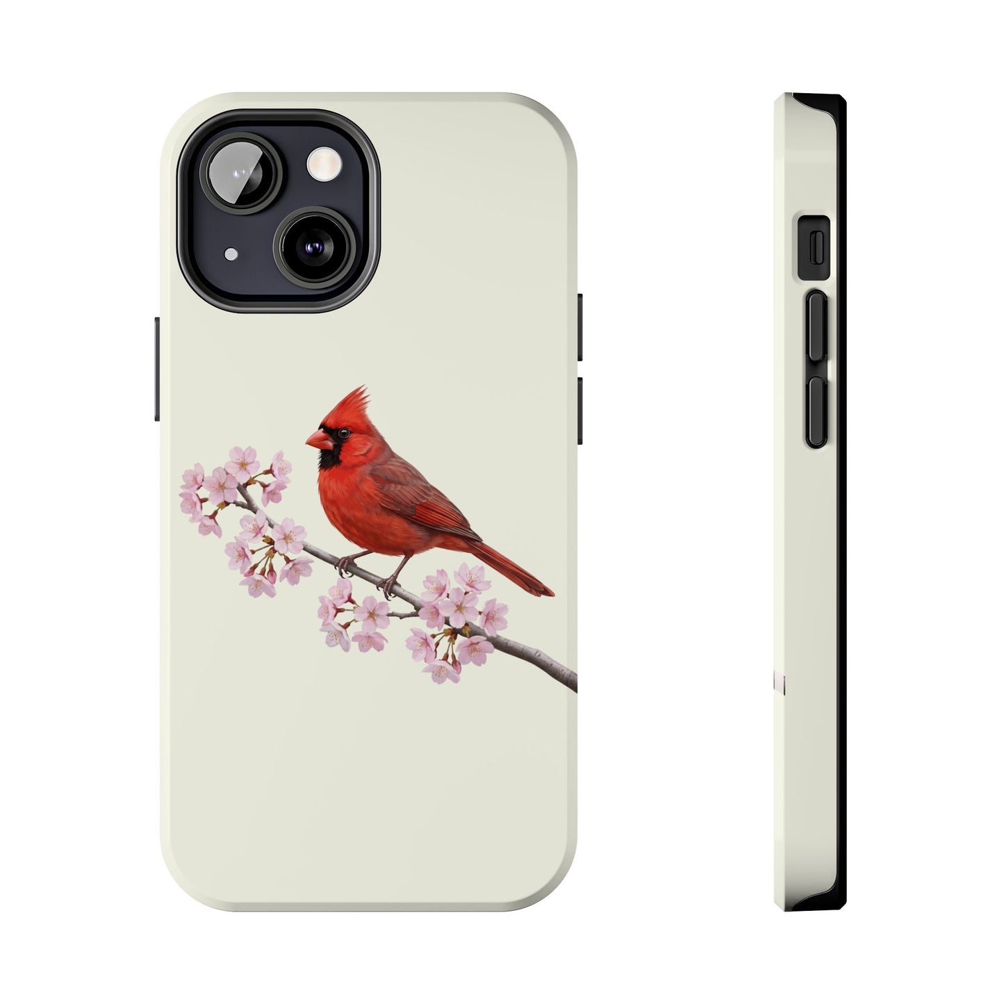Northern Cardinal & Cherry Blossom Tough iPhone Case Creamy White – animal lover, Phone