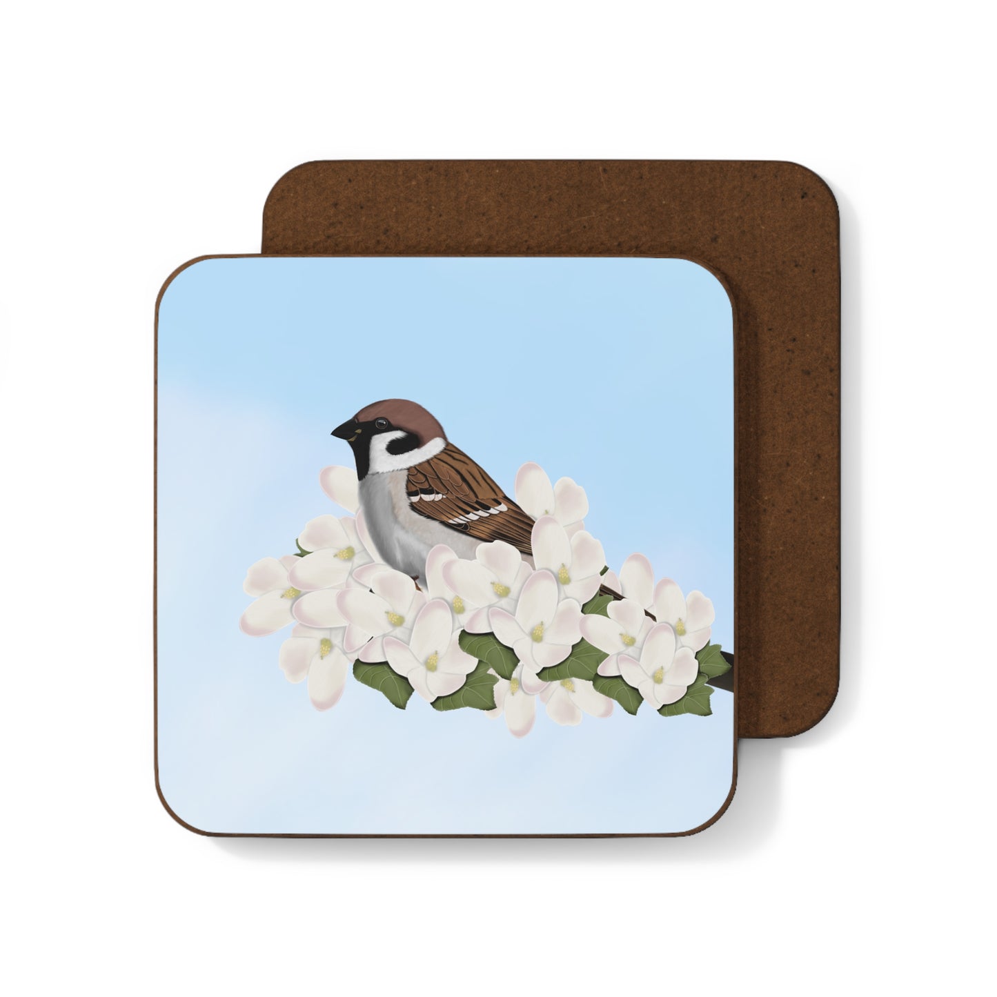 Tree Sparrow Apple Blossoms Bird Hardboard Coaster