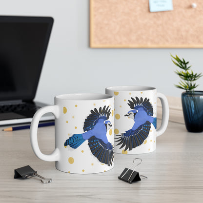 Blue Jay Bird Ceramic Mug White Golden Dots 11oz