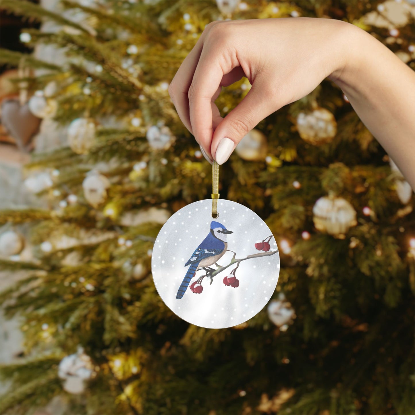 Blue Jay Snow Bird Christmas Glass Ornament White