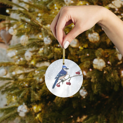 Blue Jay Snow Bird Christmas Glass Ornament White