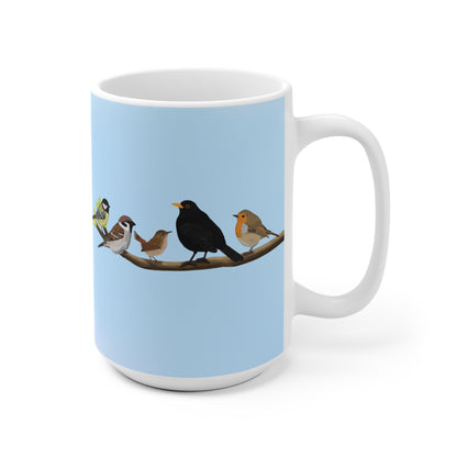 Vögel auf einem Ast Tasse Amsel Rotkehlchen Blaumeise Zaunkönig Spatz Kohlmeise Blau