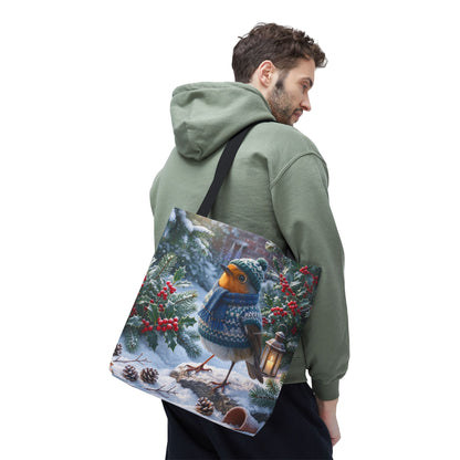 Premium Tragetasche Rosi Rotkehlchen im kuscheligen Winter-Outfit (40 x 40 cm)