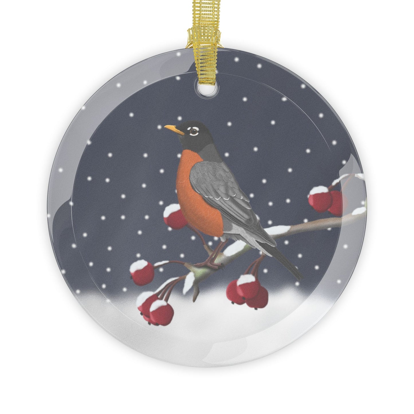 Robin on a Winter Branch Christmas Bird Glass Ornament