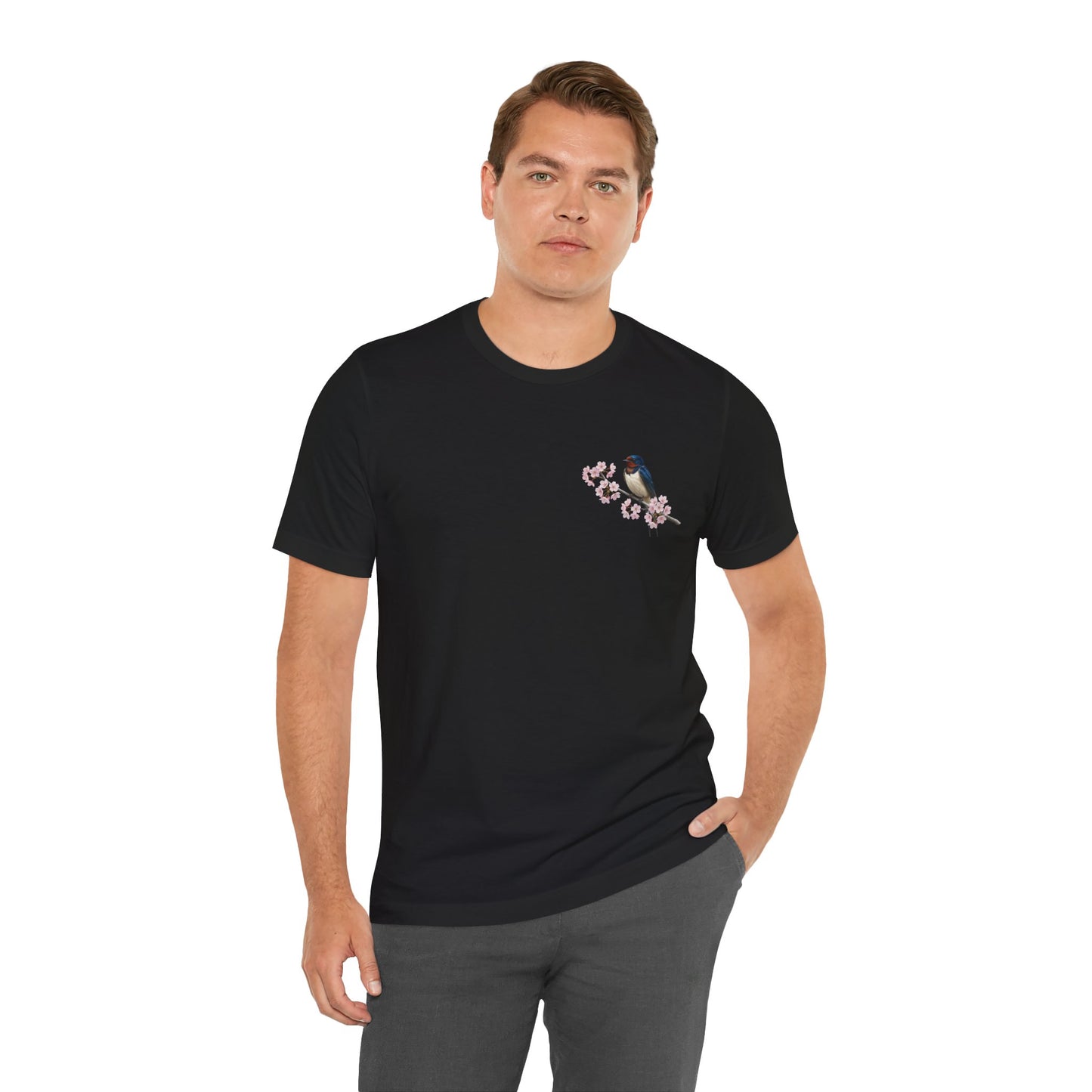 Rauchschwalbe T-Shirt mit Kirschblüten | Florales Vogelmotiv für Vogelfreunde – bird graphic tee, Vogel