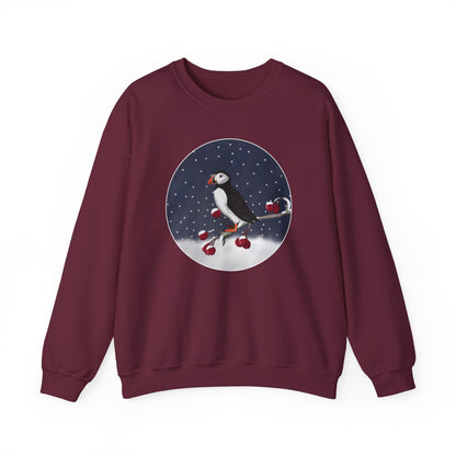 Puffin on a Winter Branch Birdwatcher Christmas Bird Sweatshirt