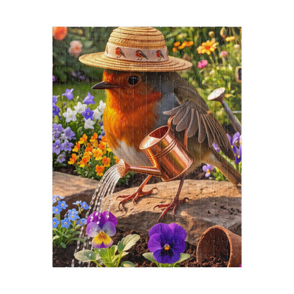 A square jigsaw puzzle featuring a robin bird wearing a straw hat and watering a copper watering can in a colorful garden with purple pansies.