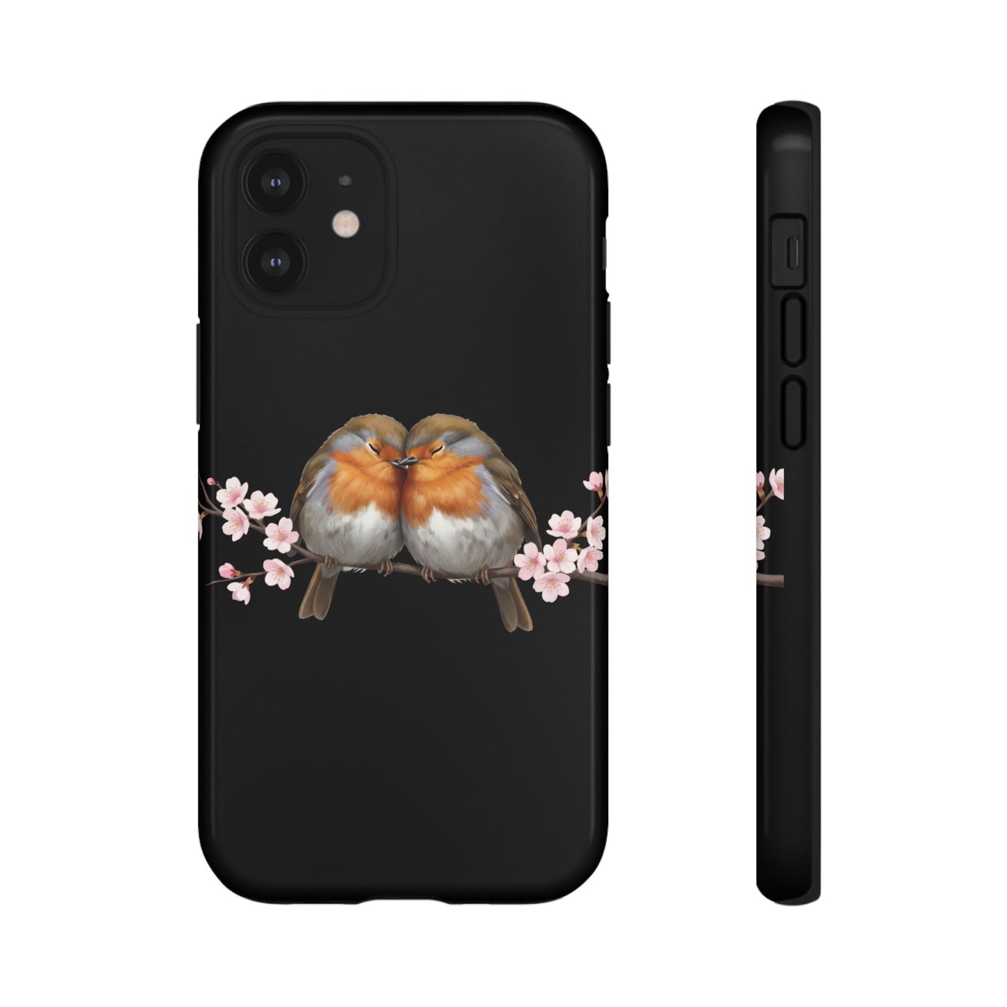 Rotkehlchen mit Kirschblüten Premium Handyhülle – Doppelt Geschützt & Rundum Bedruckt Schwarz