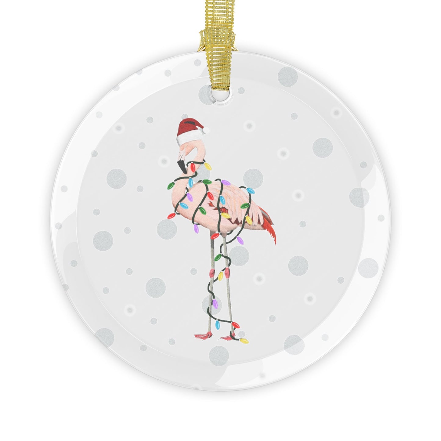 Flamingo as Santa Claus with Fairy Lights Christmas Glass Ornament