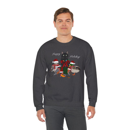 Robin Mallard Oriole Owl with Cat in a Box and Fairy Lights Happy Holidays Christmas Bird Sweatshirt