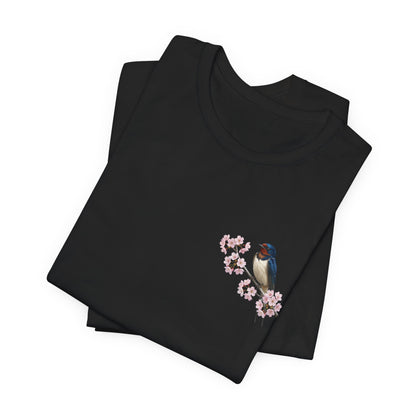 Barn Swallow Cherry Blossom T-Shirt | Floral Spring Tee for Bird Lovers