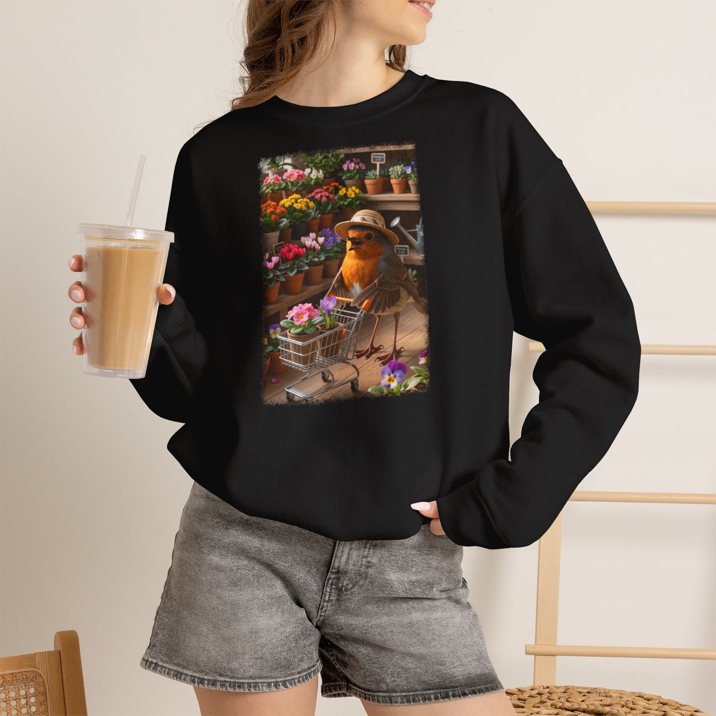 Lustiges Rotkehlchen Sweatshirt mit Blumen-Einkaufswagen | Süßer Vogel Pullover für Pflanzenliebhaber