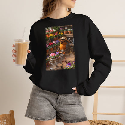 Lustiges Rotkehlchen Sweatshirt mit Blumen-Einkaufswagen | Süßer Vogel Pullover für Pflanzenliebhaber