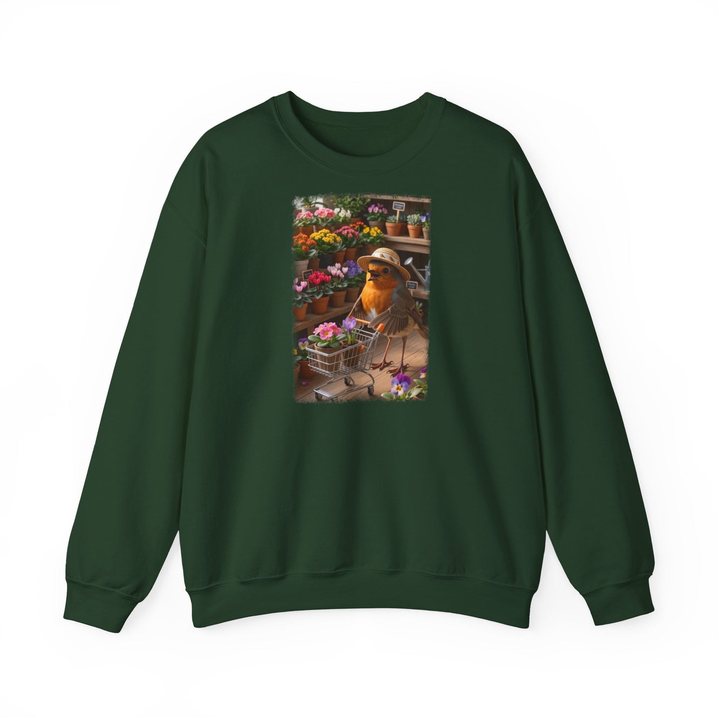 Lustiges Rotkehlchen Sweatshirt mit Blumen-Einkaufswagen | Süßer Vogel Pullover für Pflanzenliebhaber