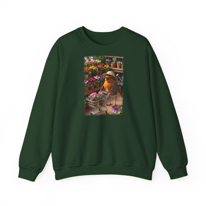 Lustiges Rotkehlchen Sweatshirt mit Blumen-Einkaufswagen | Süßer Vogel Pullover für Pflanzenliebhaber