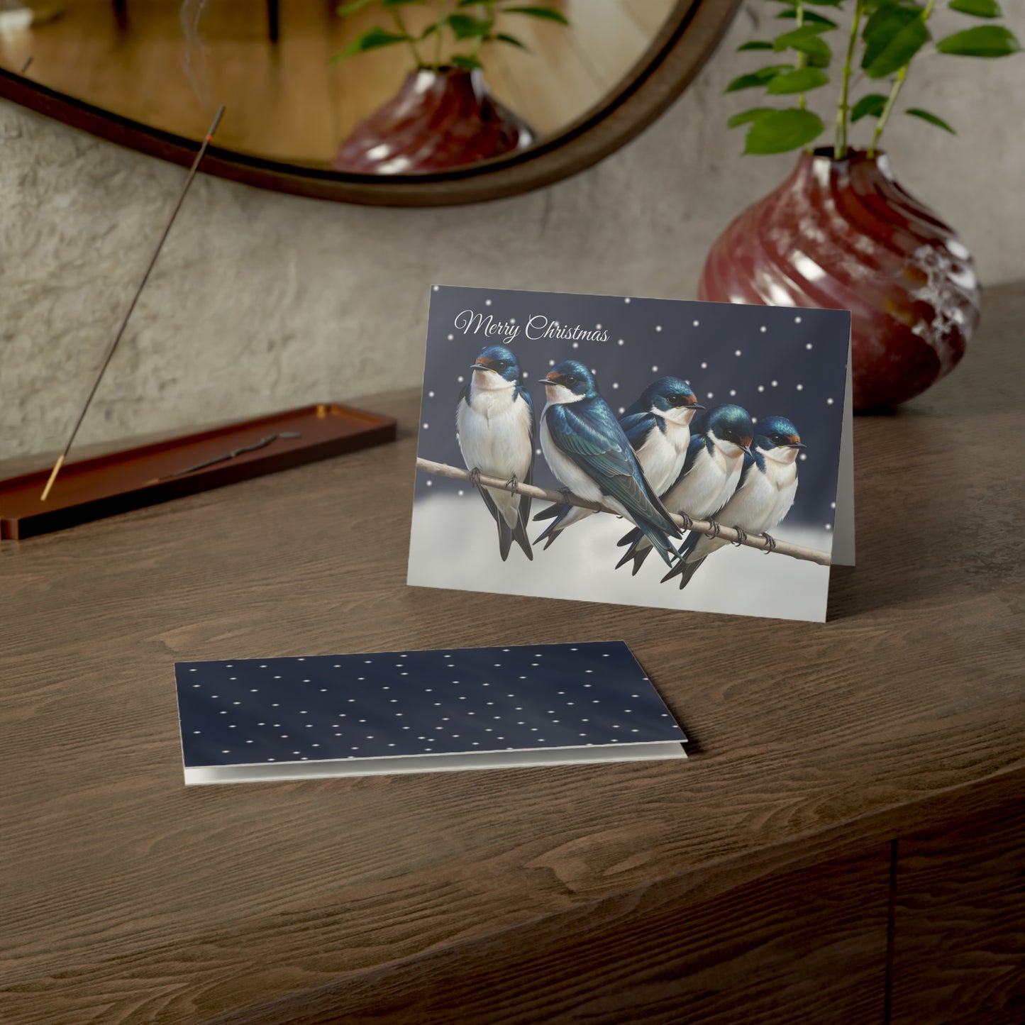 Tree Swallows Bird Art Premium Christmas Card 7x5" | Double-Sided Matte Holiday Greeting