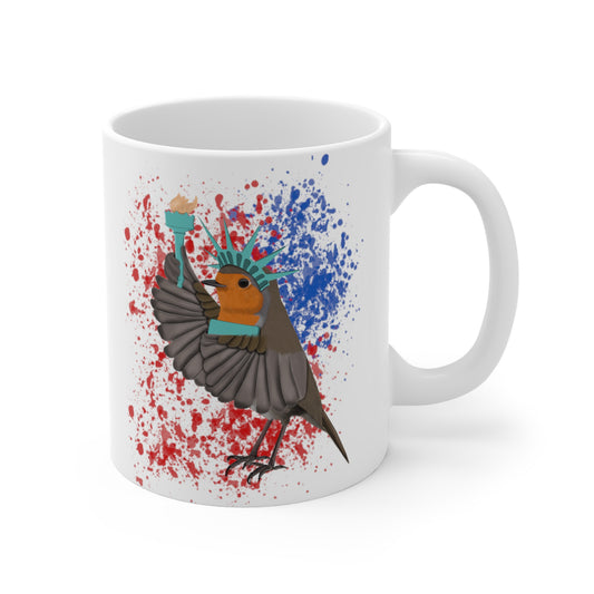 Robin 4th of July Independence Day Statue of Liberty Bird Ceramic Mug 11oz White