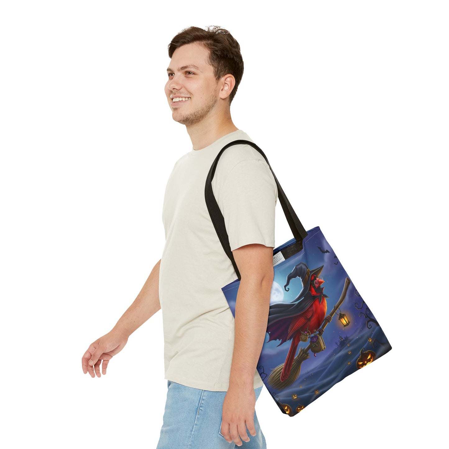Halloween Cardinal Tote Bag: Cape & Witch Hat | 16"x16" Polyester | Bird Decor Accessory