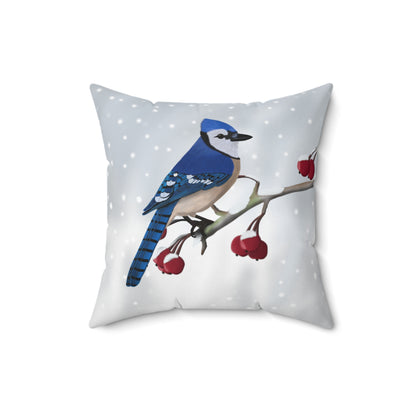 Blue Jay on a Winter Branch Christmas Bird Throw Pillow 16"x16"