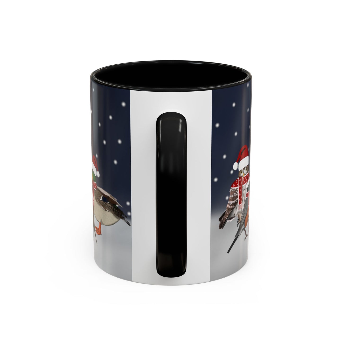 Robin Oriole Mallard Owl and Cat with Christmas Hat and Scarf Snow Bird Coffee Mug