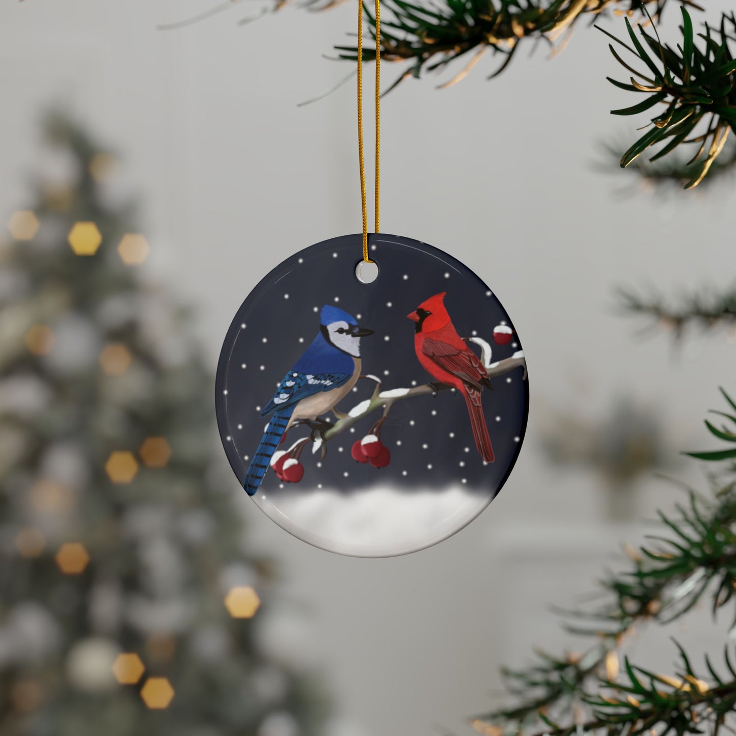 Blue Jay Cardinal Ceramic Bird Christmas Ornament | Durable Double-Sided Bird Lover Decor