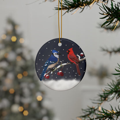 Blue Jay Cardinal Ceramic Bird Christmas Ornament | Durable Double-Sided Bird Lover Decor