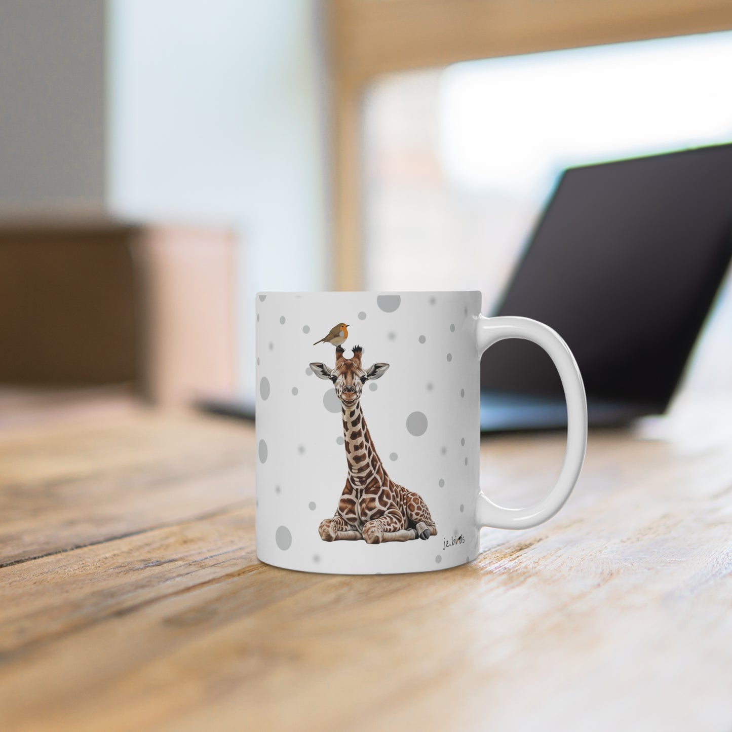 Rotkehlchen mit einer Baby Giraffe Vogel Tiermotiv Tasse Punkte Grau