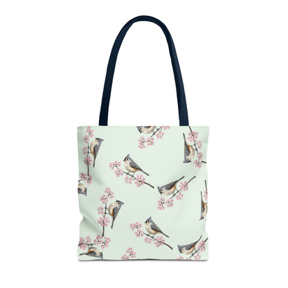 Tufted Titmouse & Cherry Blossom Tote Bag Sage Green | Birding Birdwatcher Accessory – Accessories, Bags