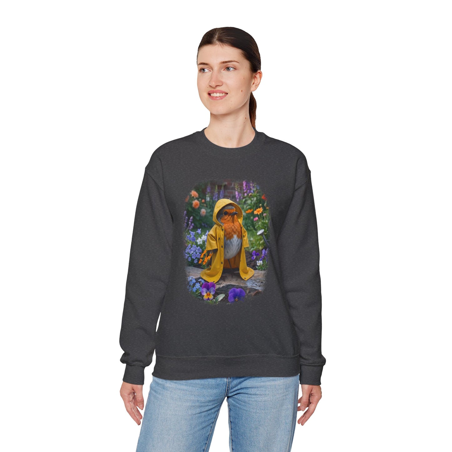 Robin Rosi Yellow Raincoat Garden Premium Sweatshirt for Bird Lovers