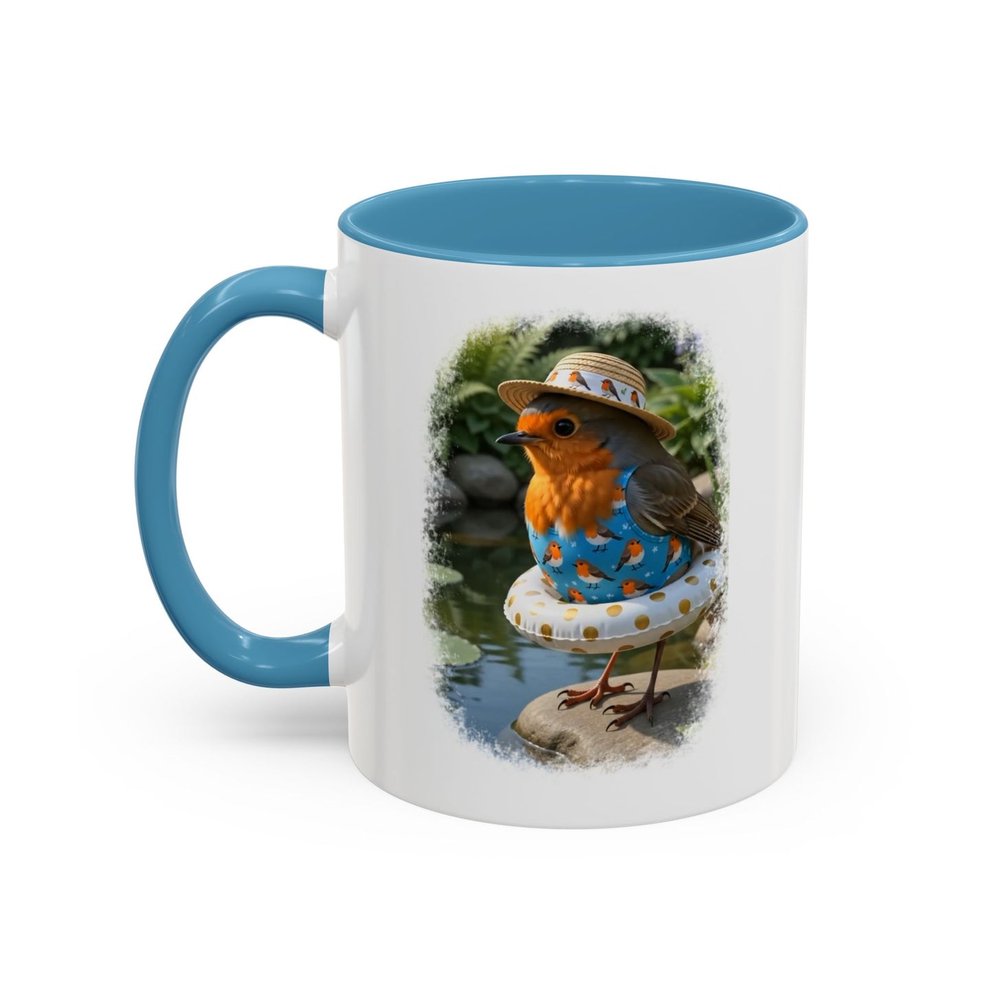 Rosi Rotkehlchen am Gartenteich Keramiktasse – Kaffeebecher mit farbigem Henkel