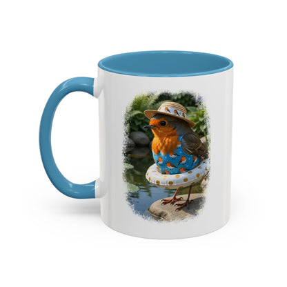 Rosi Rotkehlchen am Gartenteich Keramiktasse – Kaffeebecher mit farbigem Henkel