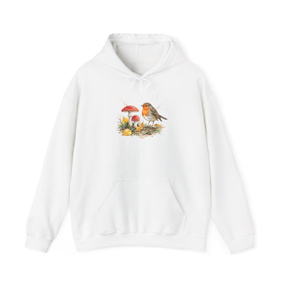 Rotkehlchen Herbst-Hoodie – Kuscheliger Kapuzenpullover mit Laub & Fliegenpilzen