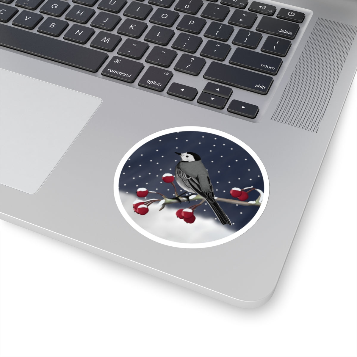 White Wagtail on a Winter Branch Christmas Bird Sticker