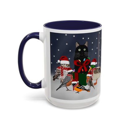 Robin Oriole Mallard Owl and Cat with Christmas Hat and Scarf Snow Bird Coffee Mug