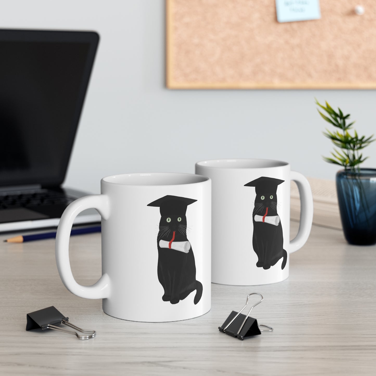 Black Cat Graduation Cat Lover Ceramic Mug White