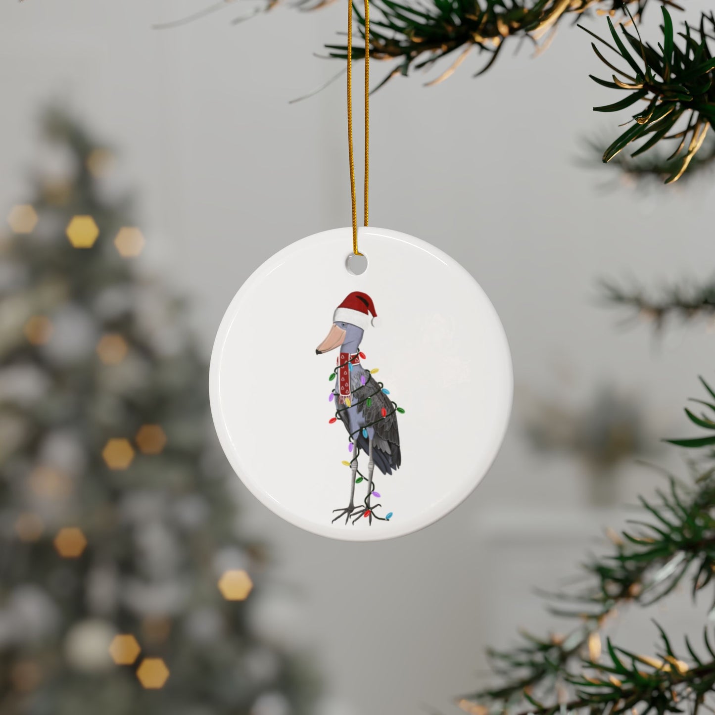 Shoebill as Santa Ceramic Bird Christmas Ornament | Durable Double-Sided Bird Lover Decor