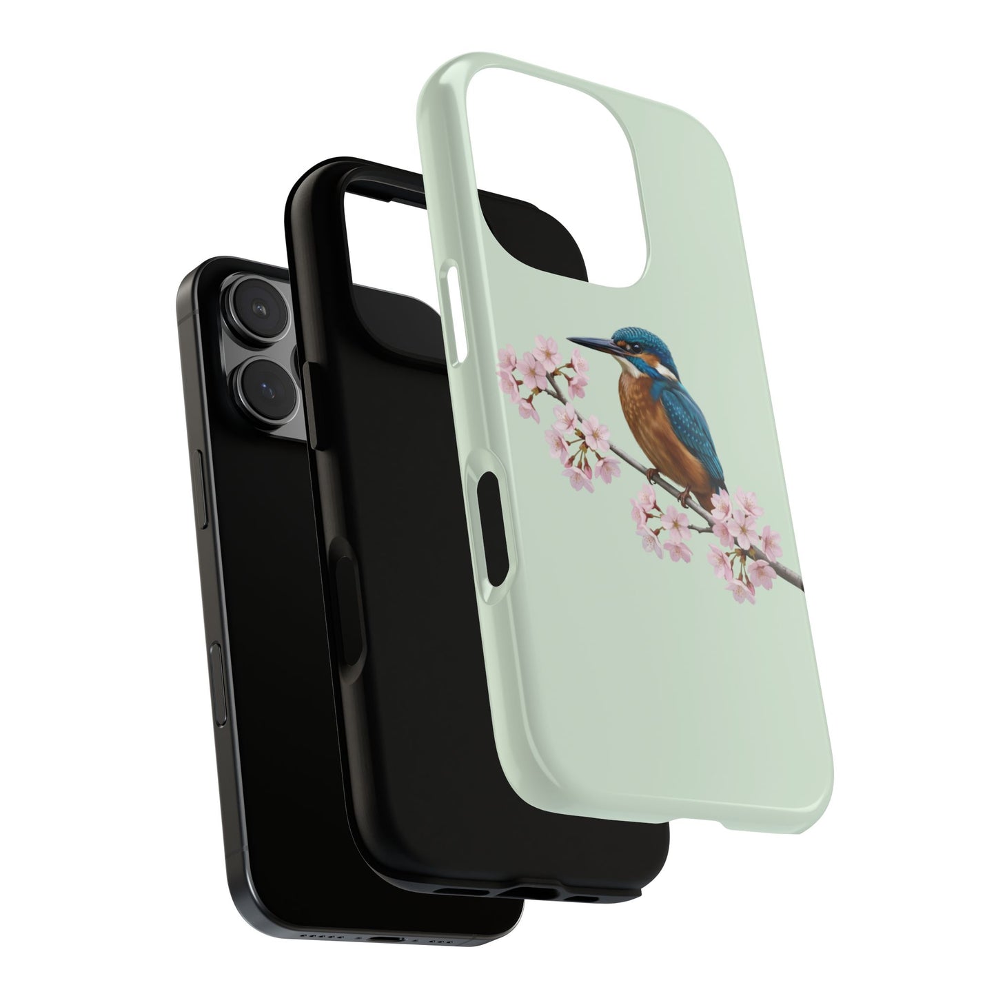 Eisvogel Handyhülle in Salbeigrün | Florales Kirschblüten Vogel-Motiv für iPhone & Google Pixel