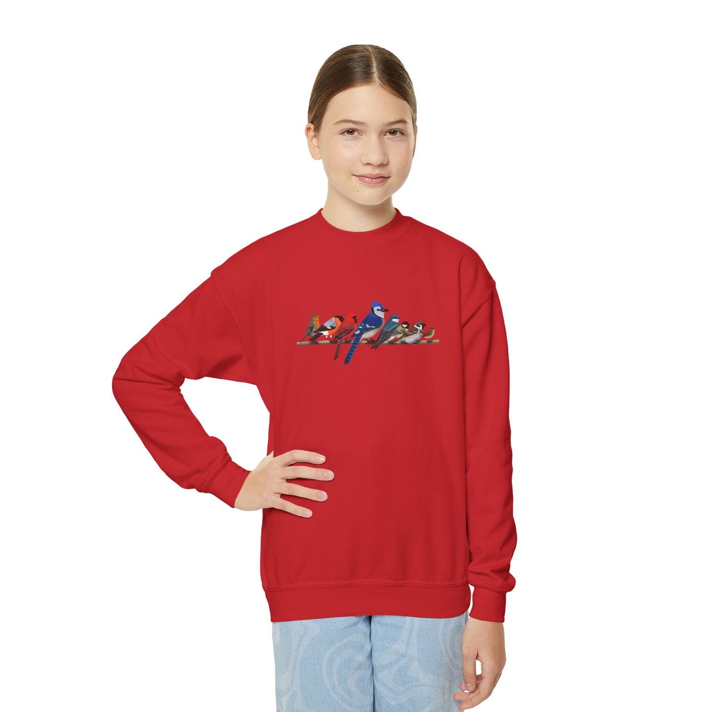 Blue Jay Cardinal Robin Bullfinch on a Branch Bird Birdwatching Youth Crewneck Sweatshirt