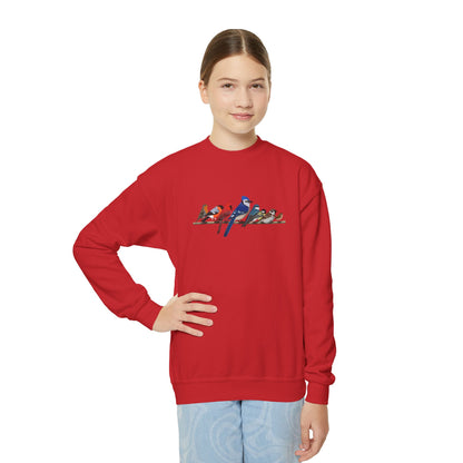 Blue Jay Cardinal Robin Bullfinch on a Branch Bird Birdwatching Youth Crewneck Sweatshirt