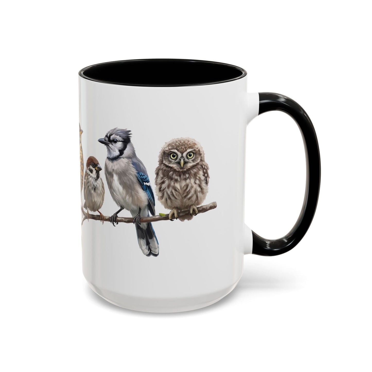 Blue Jay Cardinal Bluebird Little Owl Fledglings Two-Tone Mug | Spring Bird Lover Gift