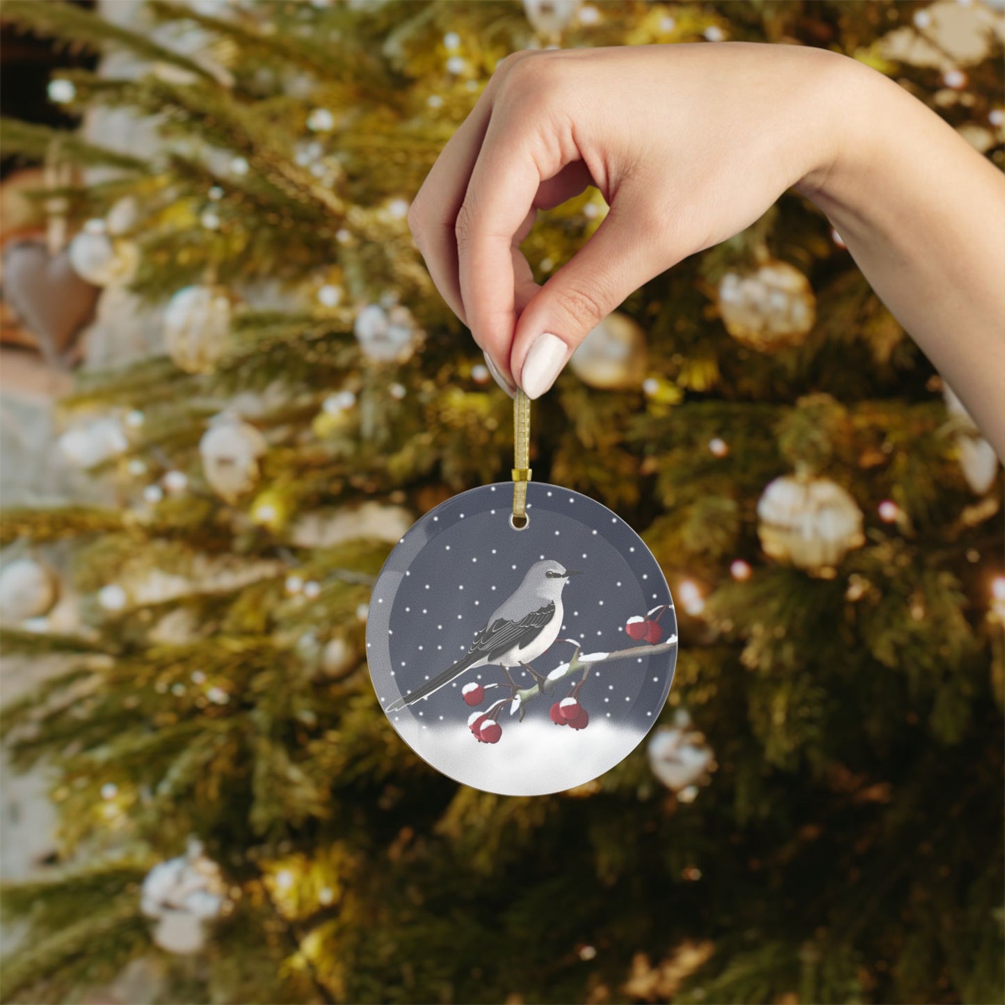 Mockingbird on a Winter Branch Christmas Bird Glass Ornament