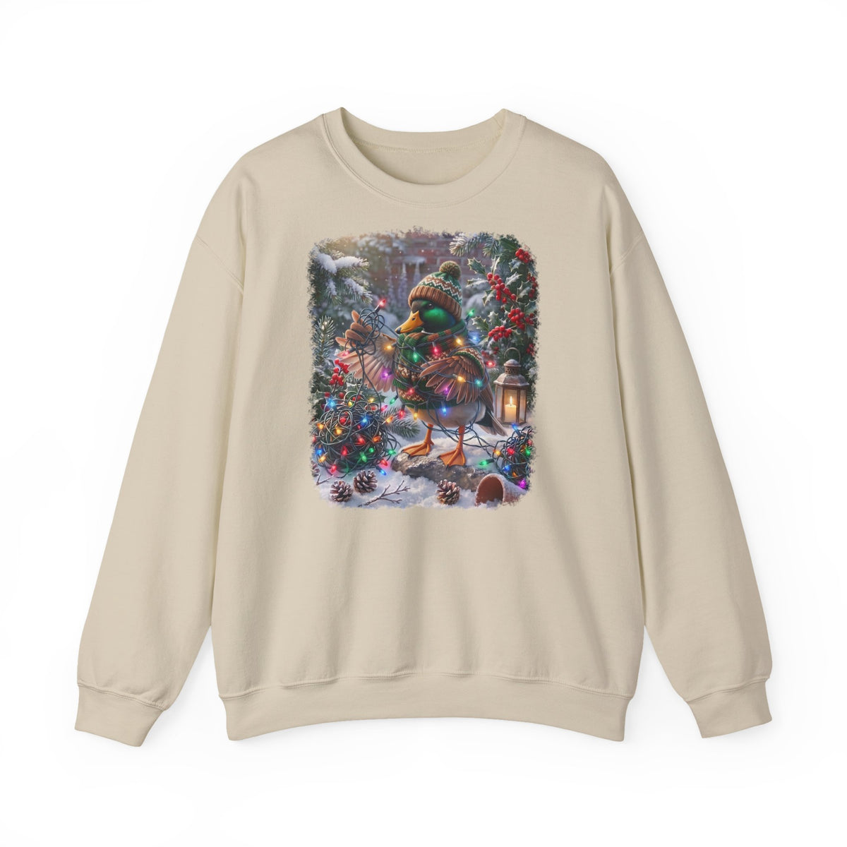 Premium Sweatshirt Ente und die Lichterkette im winterlichen Garten für Vogelfreunde