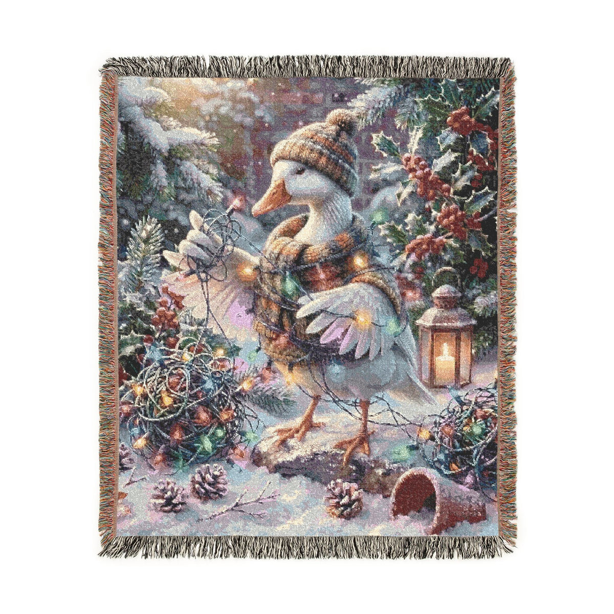 A square woven throw blanket with fringed edges, featuring a whimsical winter scene with a goose in a striped sweater and scarf, surrounded by snow, evergreen branches, pinecones, and warm string lights.